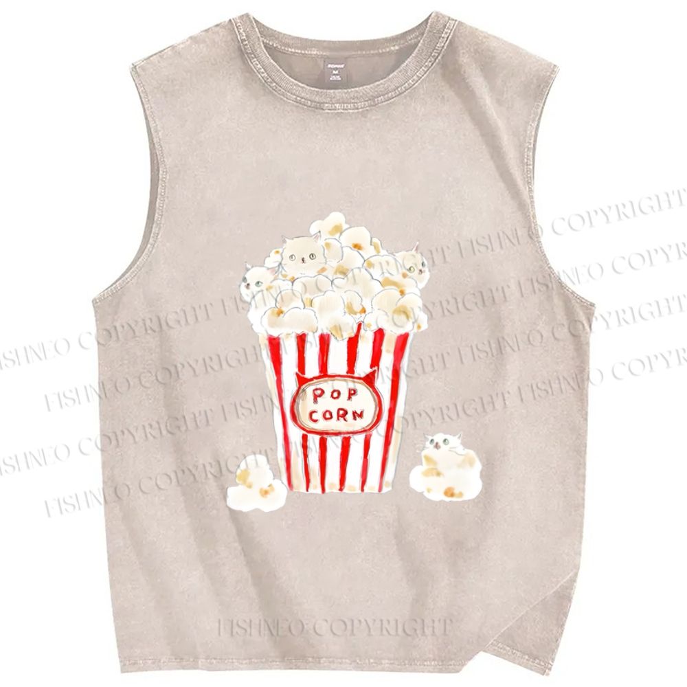 Unisex Popcorn Cats Printed Washed Tank Top