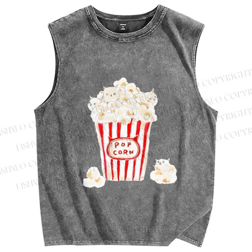 Unisex Popcorn Cats Printed Washed Tank Top