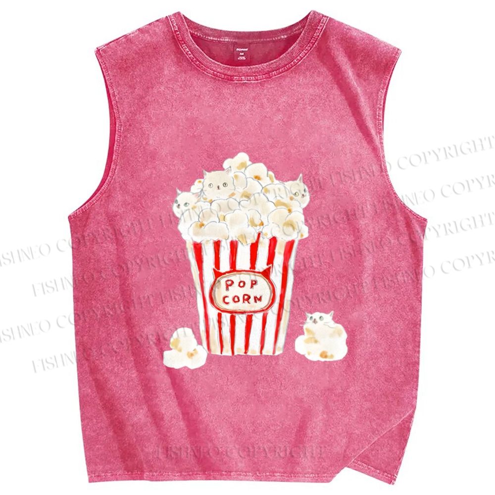 Unisex Popcorn Cats Printed Washed Tank Top