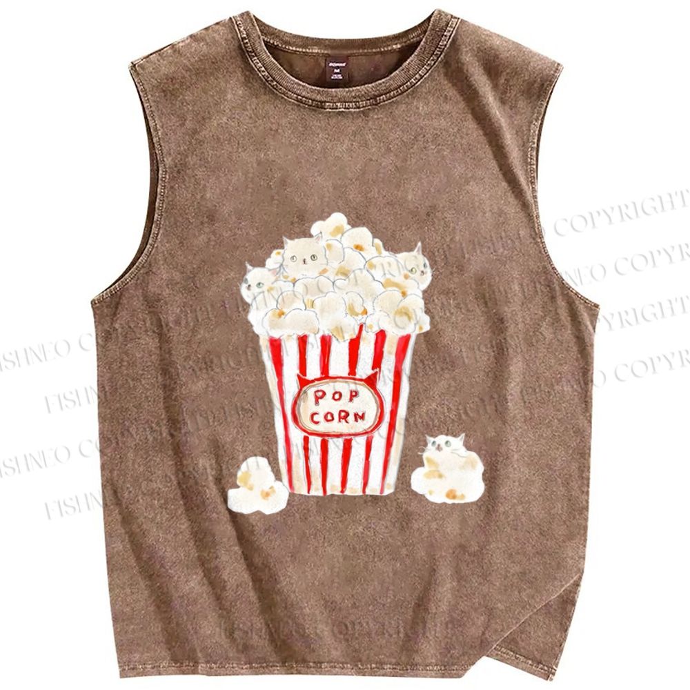 Unisex Popcorn Cats Printed Washed Tank Top