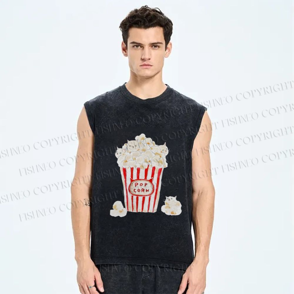 Unisex Popcorn Cats Printed Washed Tank Top