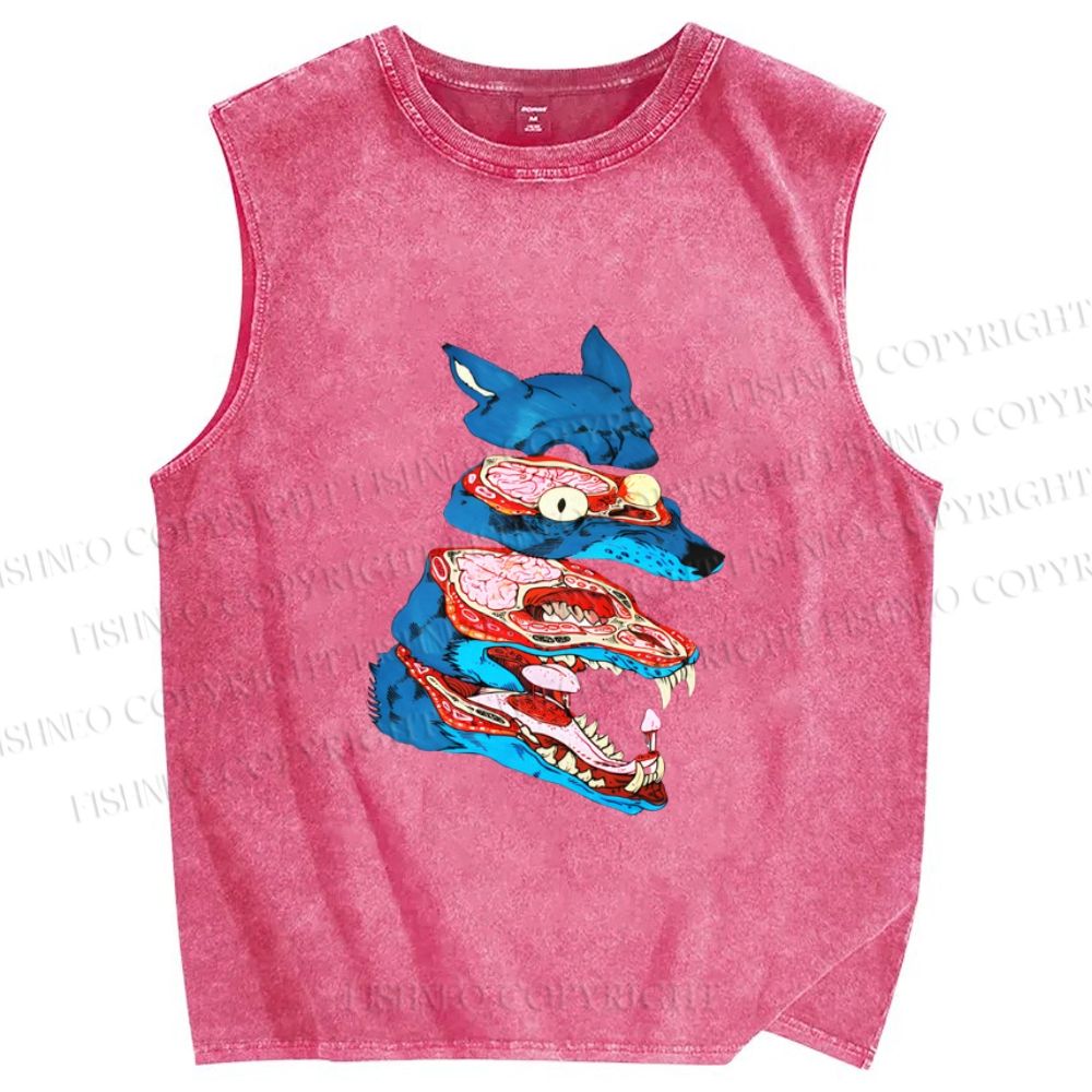 Unisex Spooky Wolf Printed Washed Tank Top