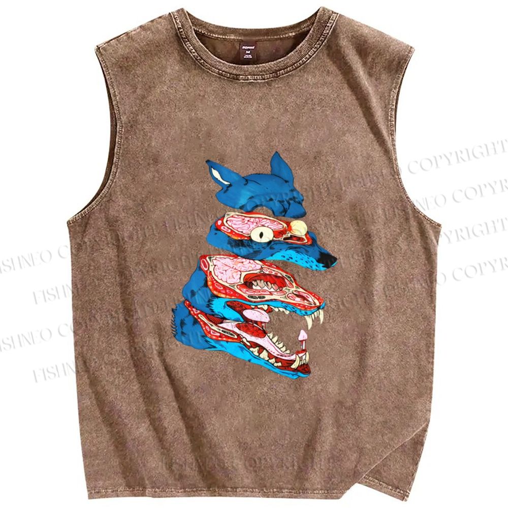 Unisex Spooky Wolf Printed Washed Tank Top