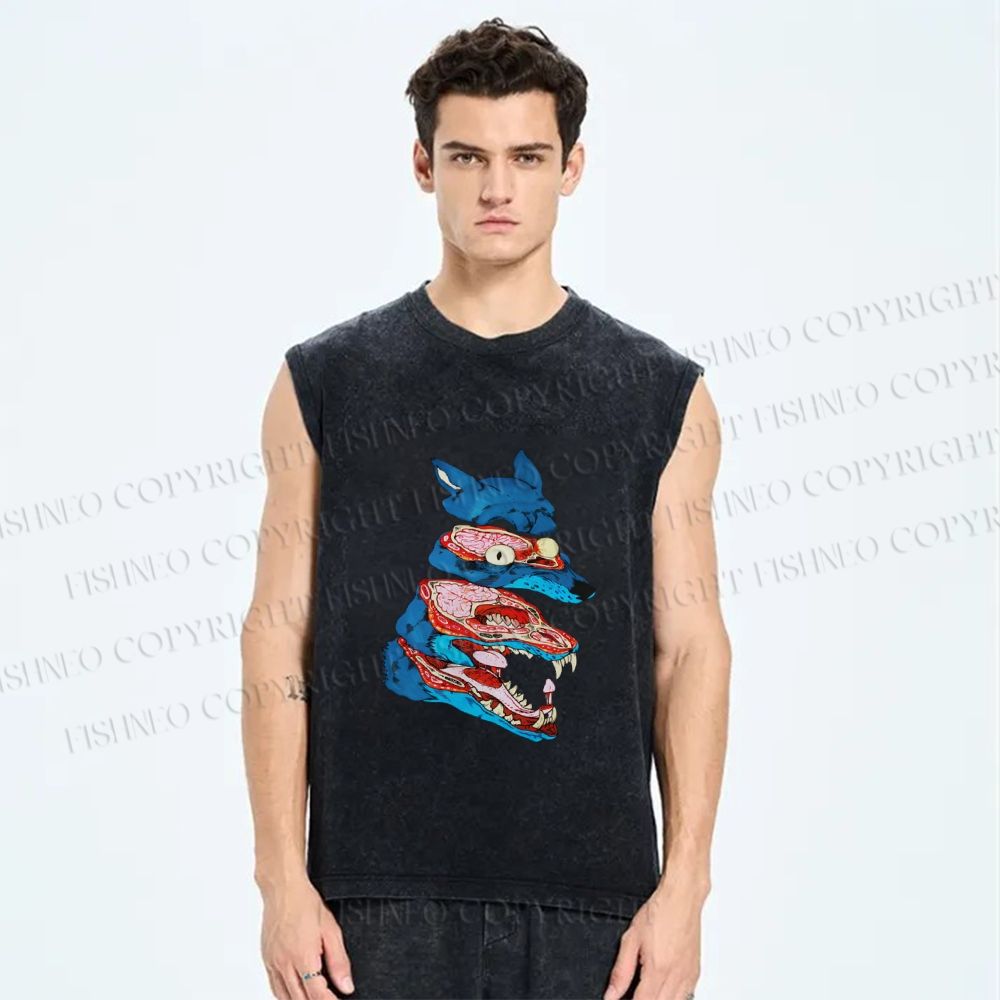 Unisex Spooky Wolf Printed Washed Tank Top