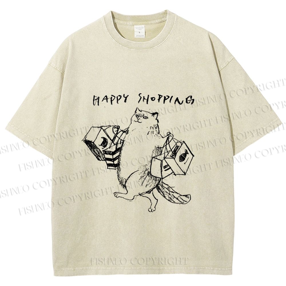 Unisex Happy Shopping Cat Printed Washed Tee