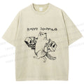 Unisex Happy Shopping Cat Printed Washed Tee
