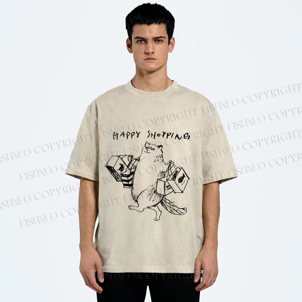 Unisex Happy Shopping Cat Printed Washed Tee