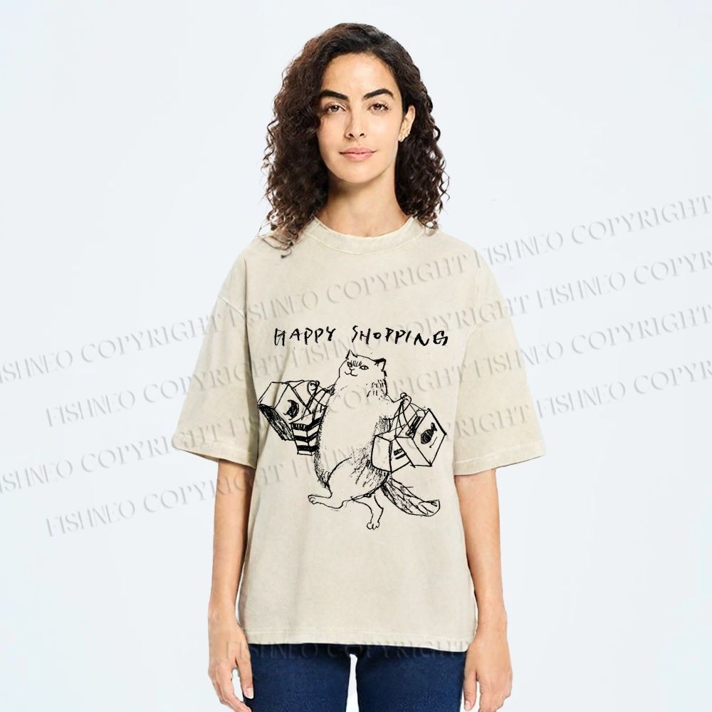 Unisex Happy Shopping Cat Printed Washed Tee