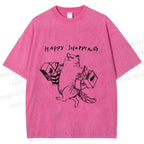 Unisex Happy Shopping Cat Printed Washed Tee