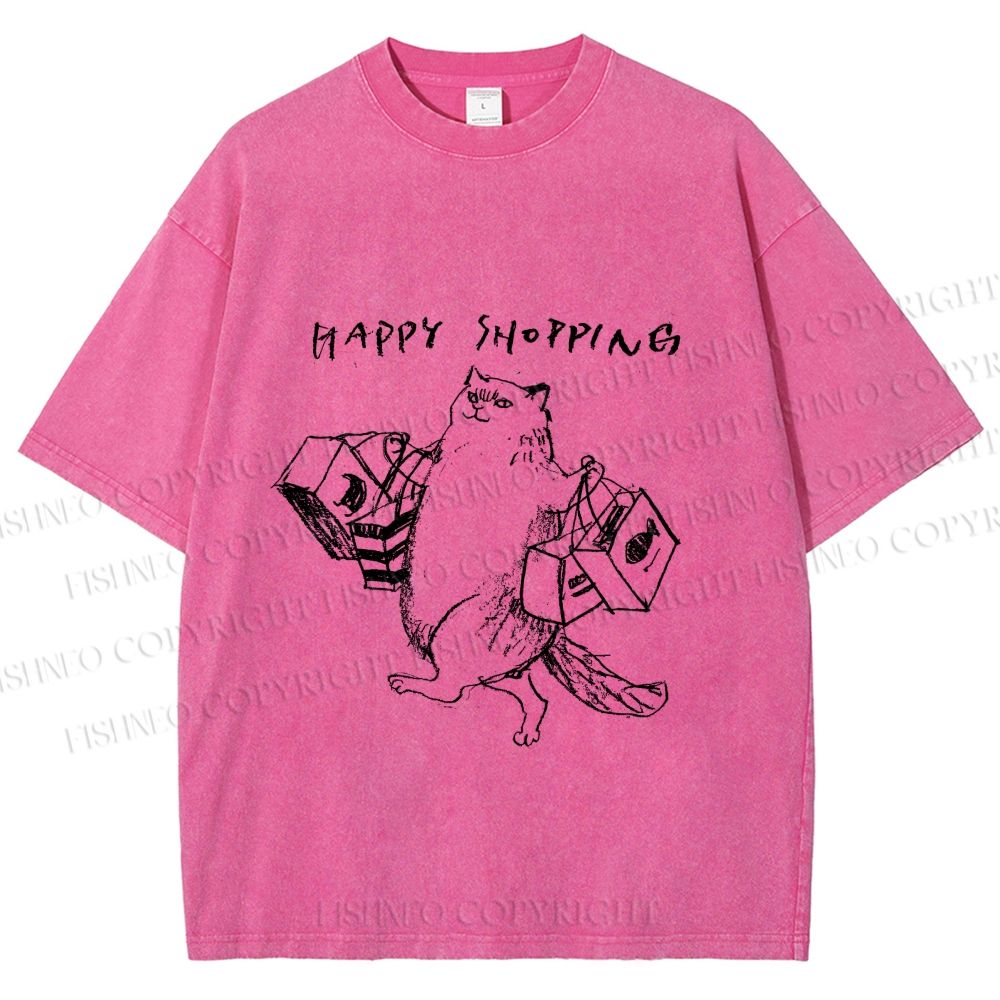 Unisex Happy Shopping Cat Printed Washed Tee