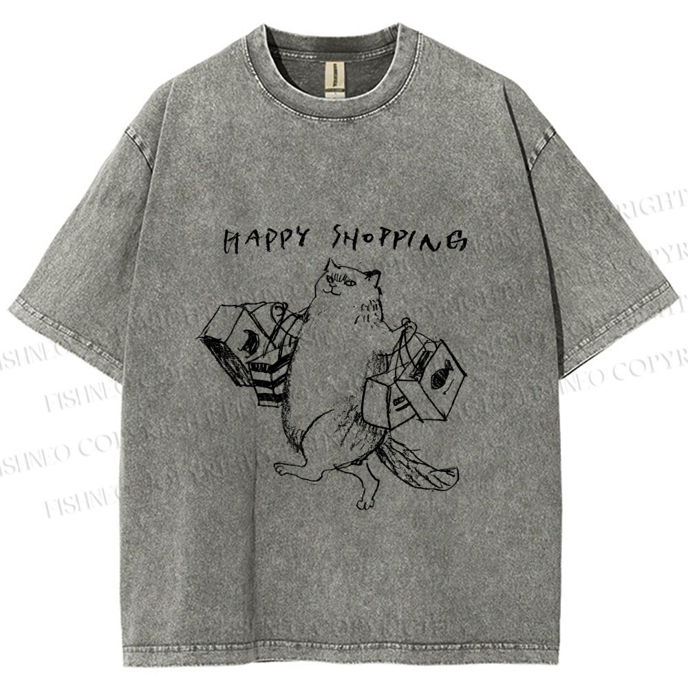 Unisex Happy Shopping Cat Printed Washed Tee