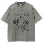 Unisex Happy Shopping Cat Printed Washed Tee