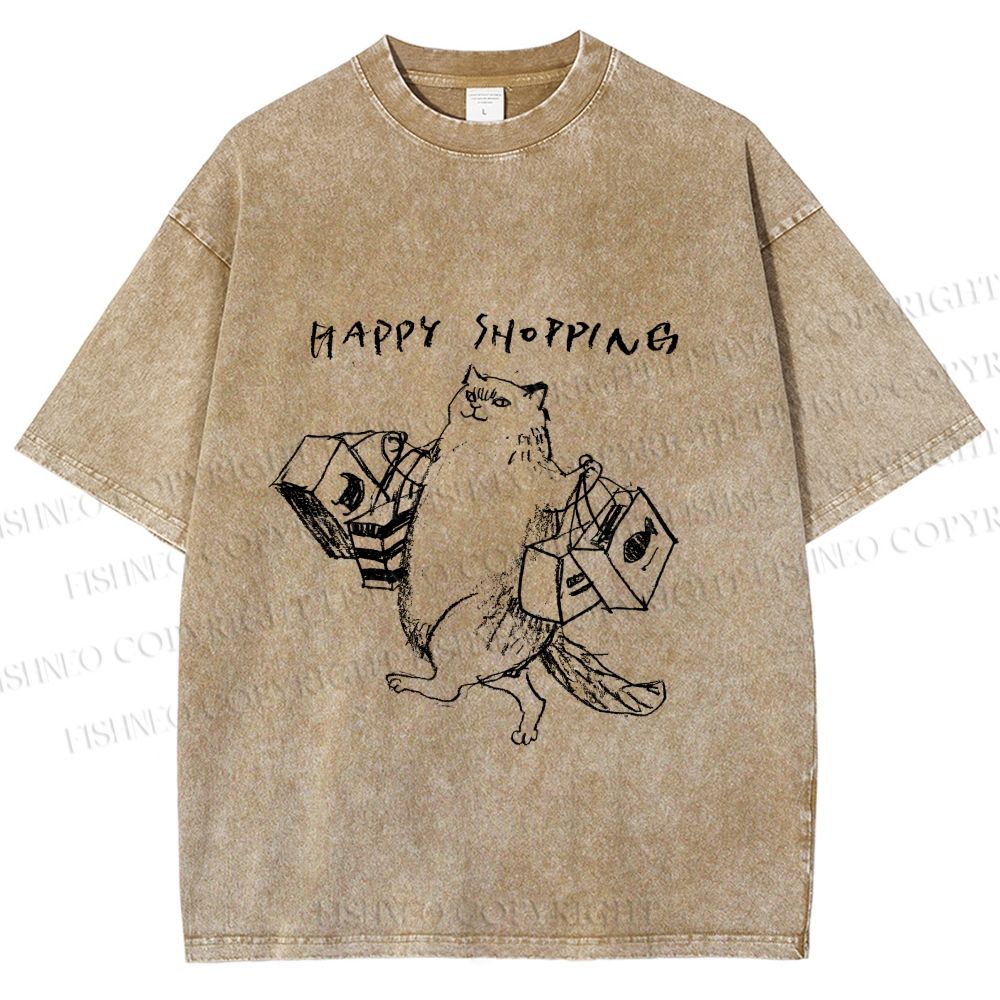 Unisex Happy Shopping Cat Printed Washed Tee