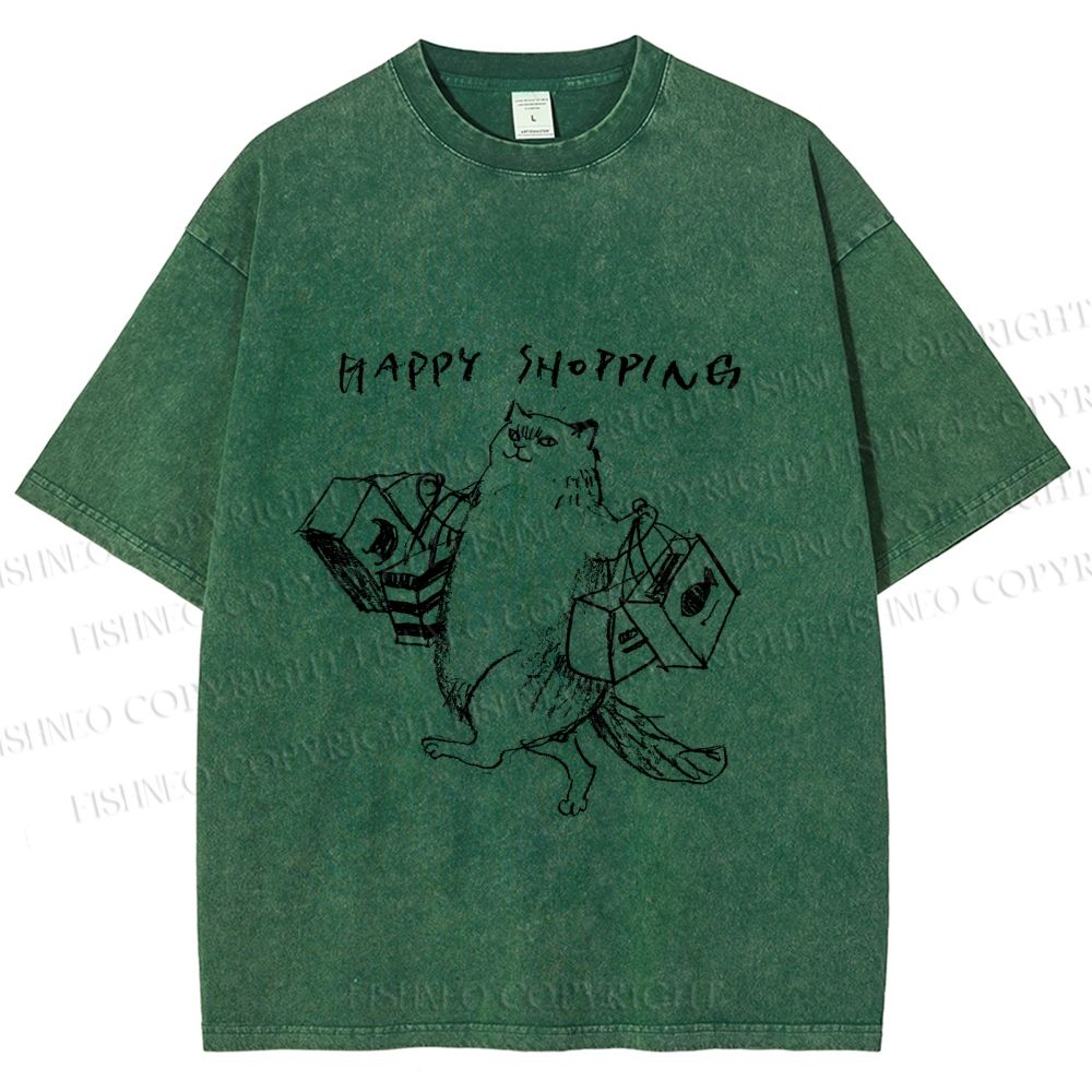 Unisex Happy Shopping Cat Printed Washed Tee