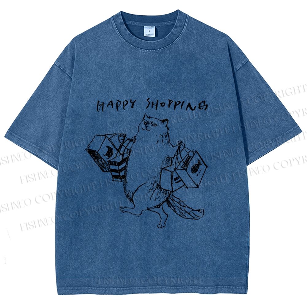 Unisex Happy Shopping Cat Printed Washed Tee