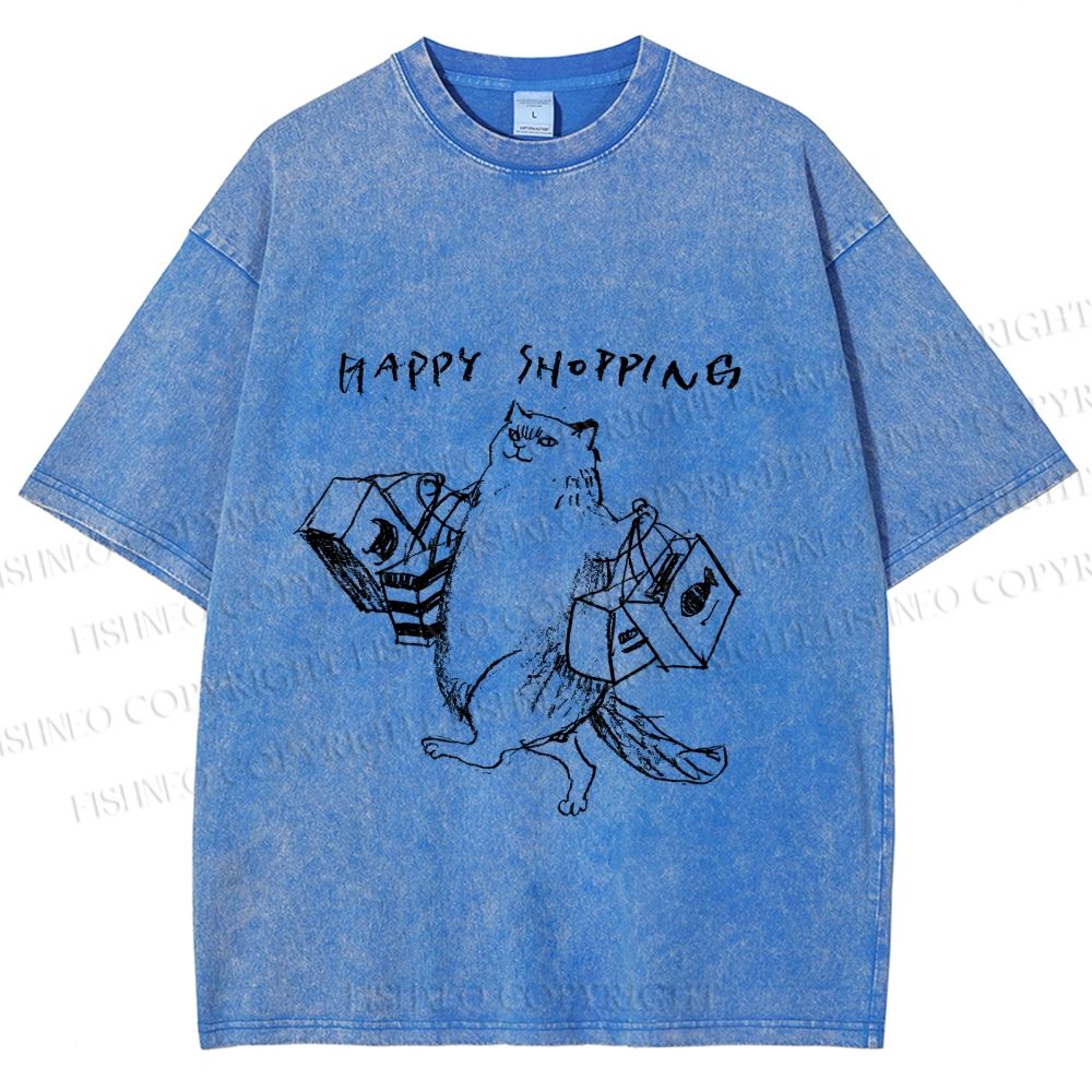 Unisex Happy Shopping Cat Printed Washed Tee