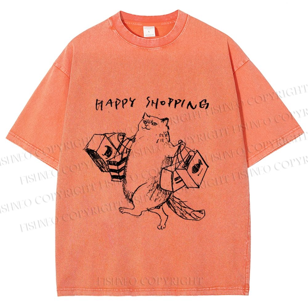 Unisex Happy Shopping Cat Printed Washed Tee