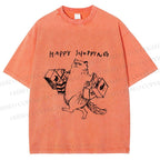 Unisex Happy Shopping Cat Printed Washed Tee