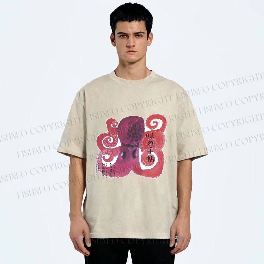 Unisex Japanese Octopus Printed Washed Tee