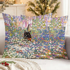 Black Cat in Flowers Printed Throw Pillow