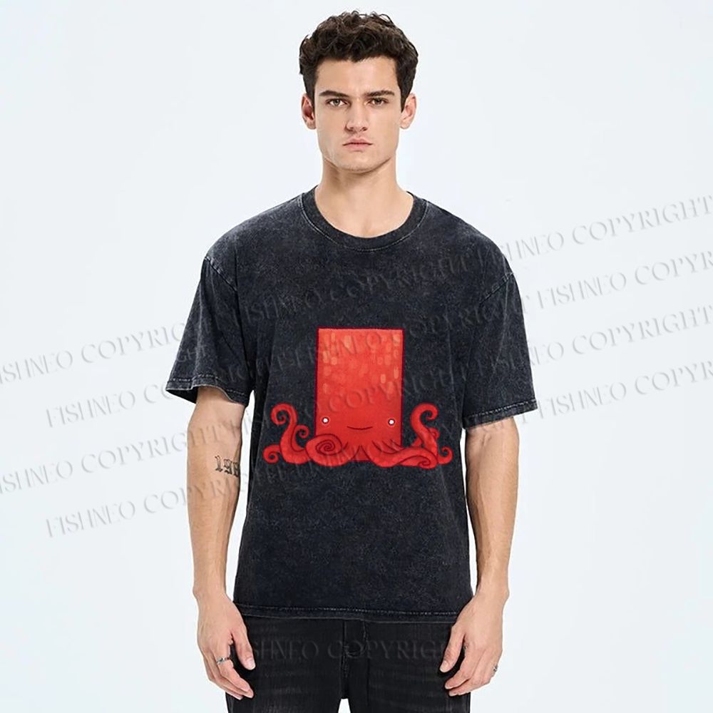 Unisex Funny Square Octopus Printed Washed Tee