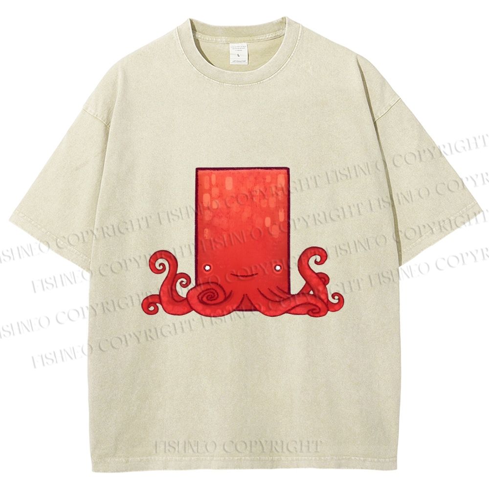 Unisex Funny Square Octopus Printed Washed Tee