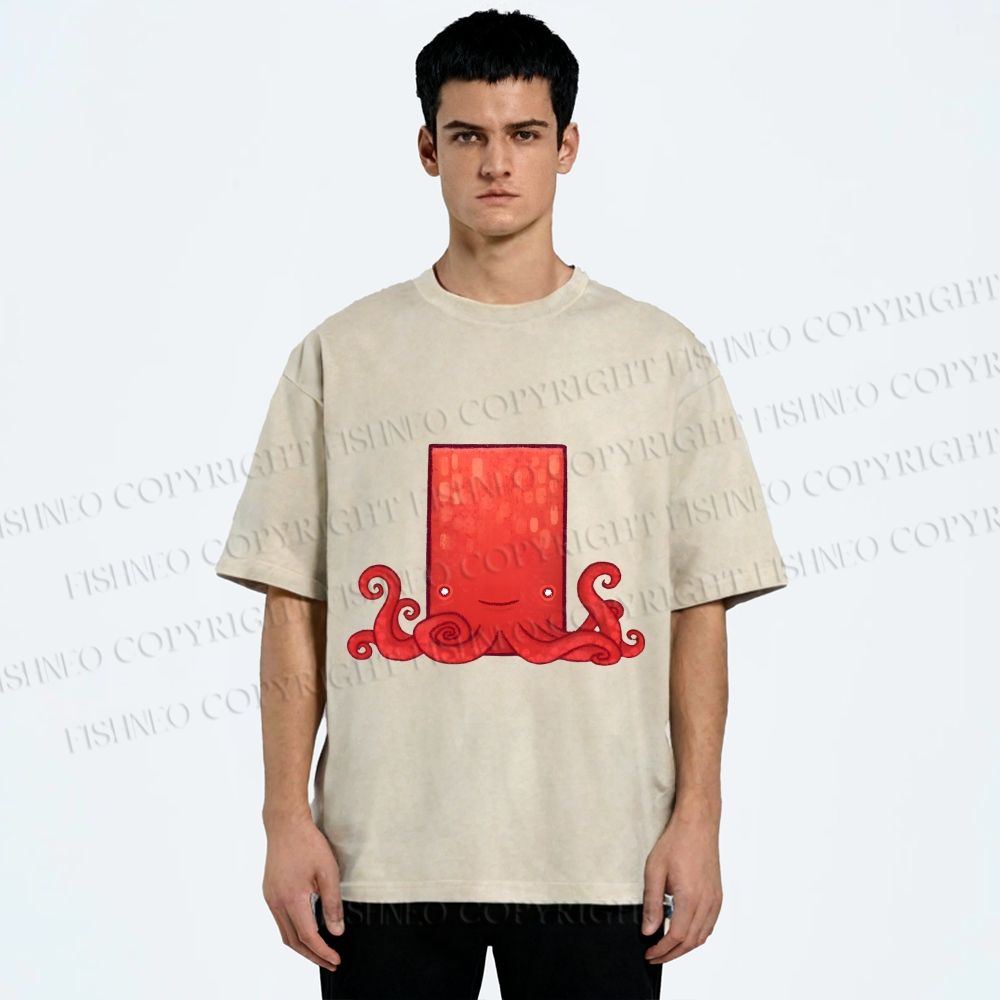 Unisex Funny Square Octopus Printed Washed Tee