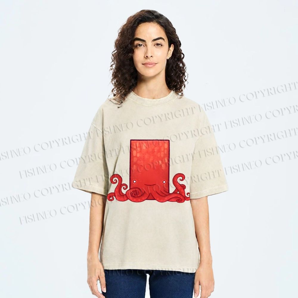 Unisex Funny Square Octopus Printed Washed Tee