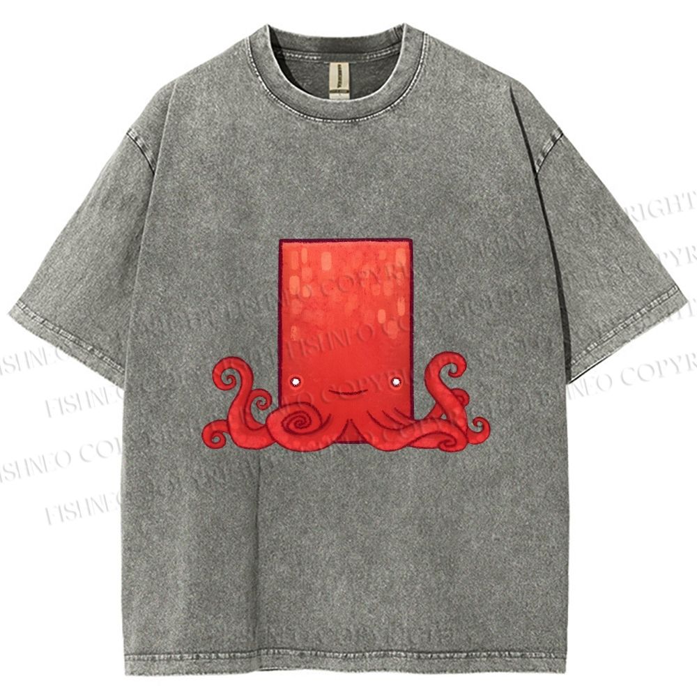 Unisex Funny Square Octopus Printed Washed Tee