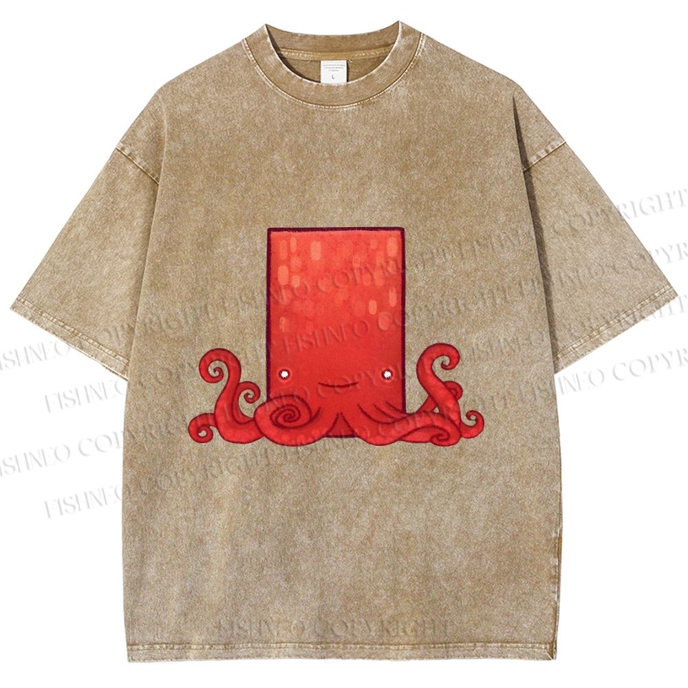 Unisex Funny Square Octopus Printed Washed Tee