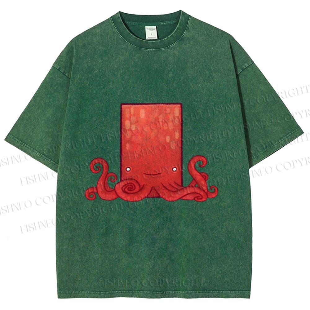 Unisex Funny Square Octopus Printed Washed Tee