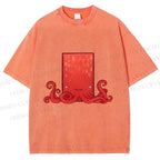 Unisex Funny Square Octopus Printed Washed Tee