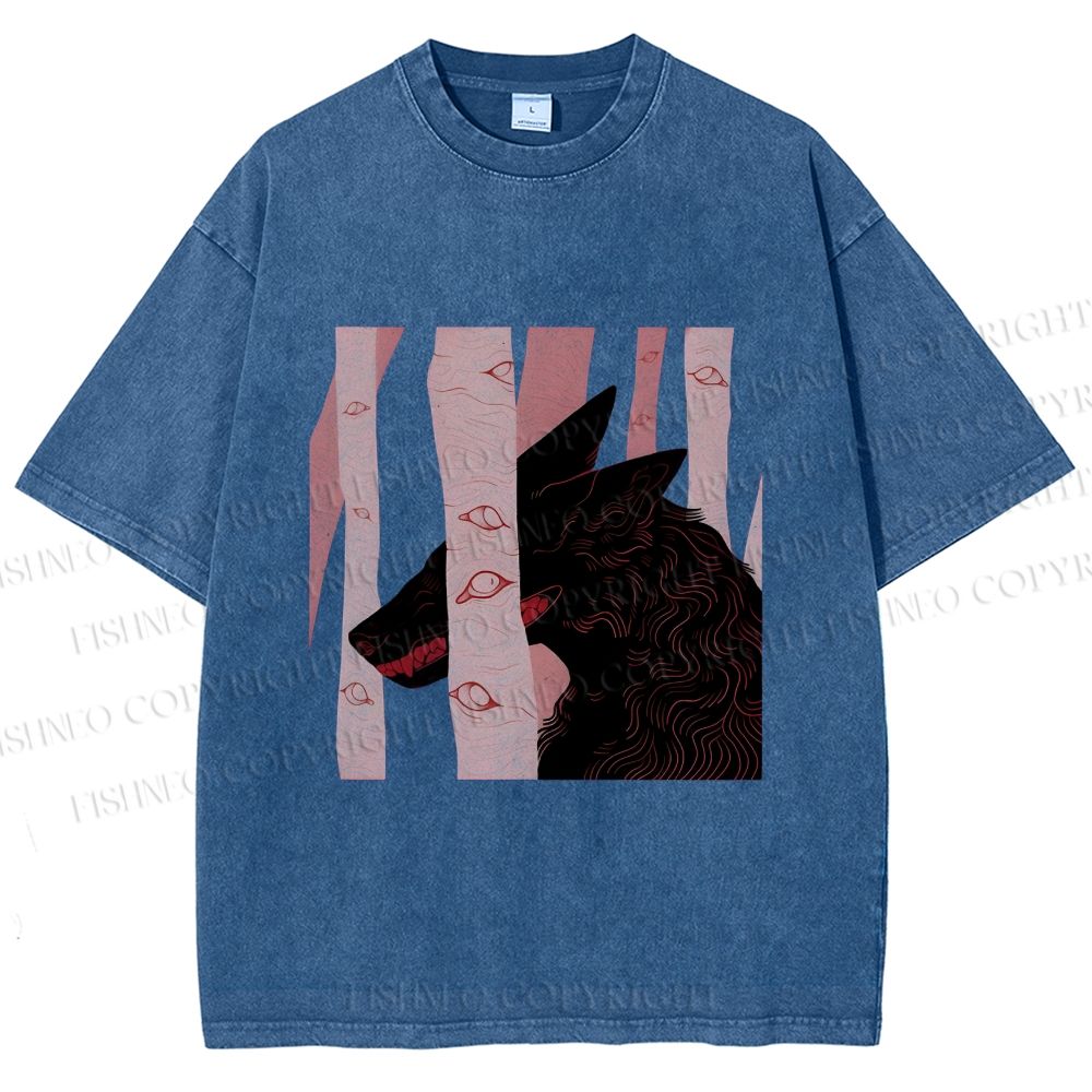 Unisex Wolf Hiding in Wood Printed Washed Tee