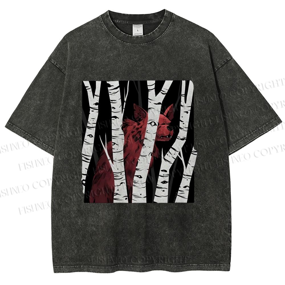 Unisex Red Wolf Hiding in Wood Printed Washed Tee