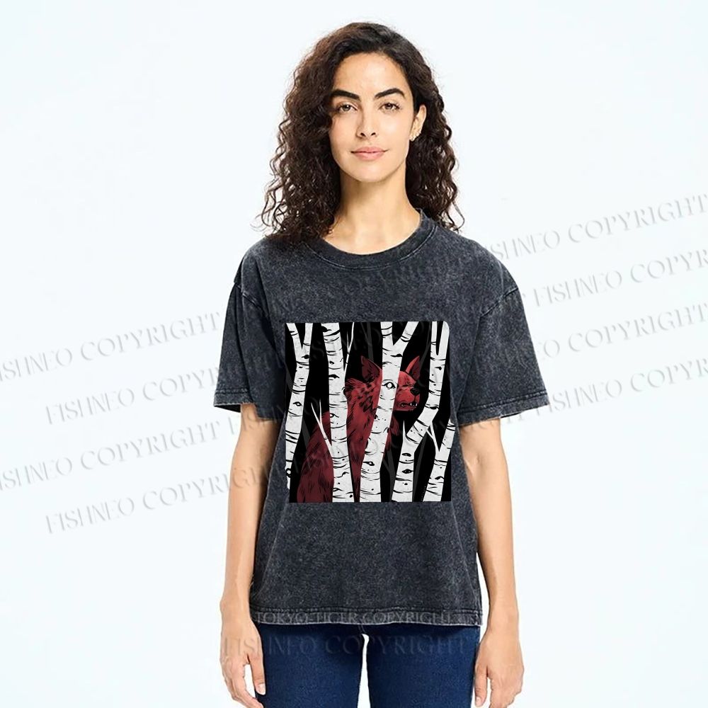 Unisex Red Wolf Hiding in Wood Printed Washed Tee