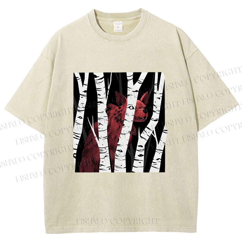 Unisex Red Wolf Hiding in Wood Printed Washed Tee