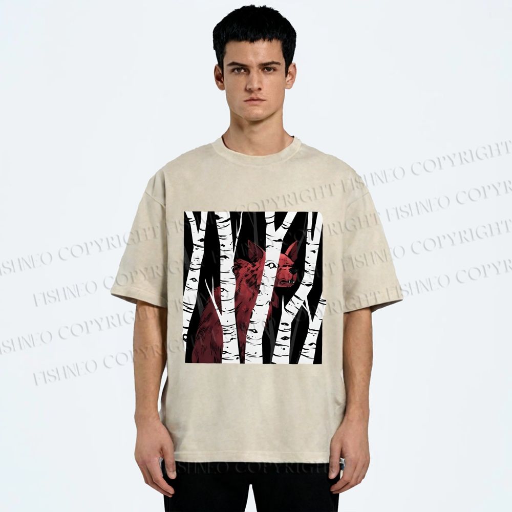 Unisex Red Wolf Hiding in Wood Printed Washed Tee