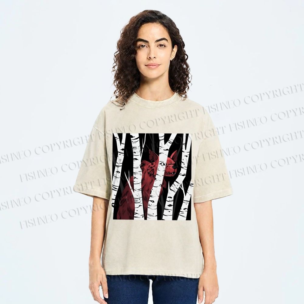 Unisex Red Wolf Hiding in Wood Printed Washed Tee