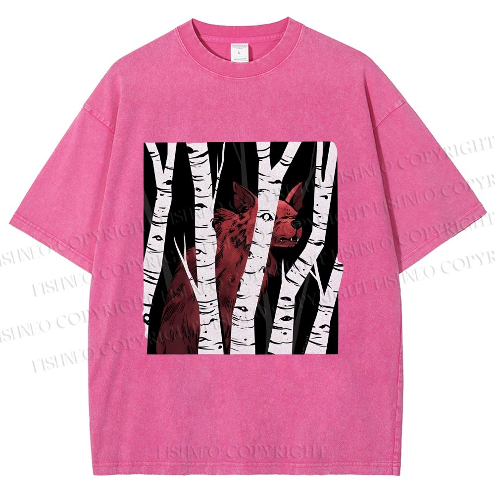 Unisex Red Wolf Hiding in Wood Printed Washed Tee