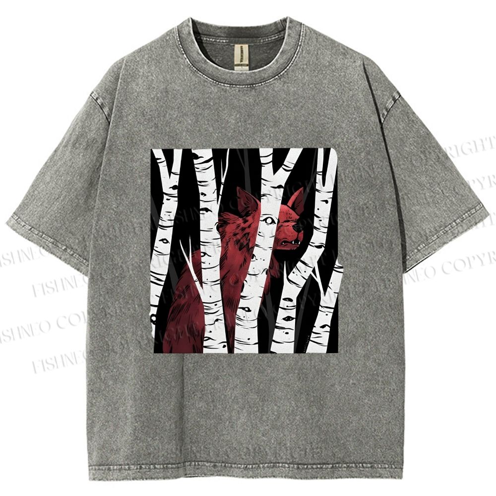 Unisex Red Wolf Hiding in Wood Printed Washed Tee