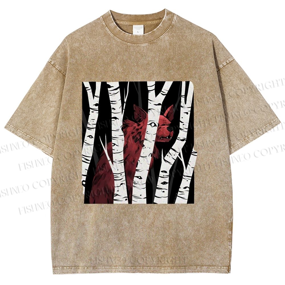 Unisex Red Wolf Hiding in Wood Printed Washed Tee