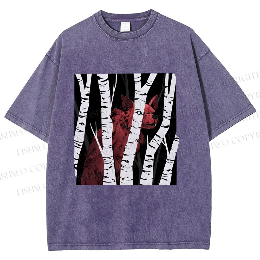 Unisex Red Wolf Hiding in Wood Printed Washed Tee