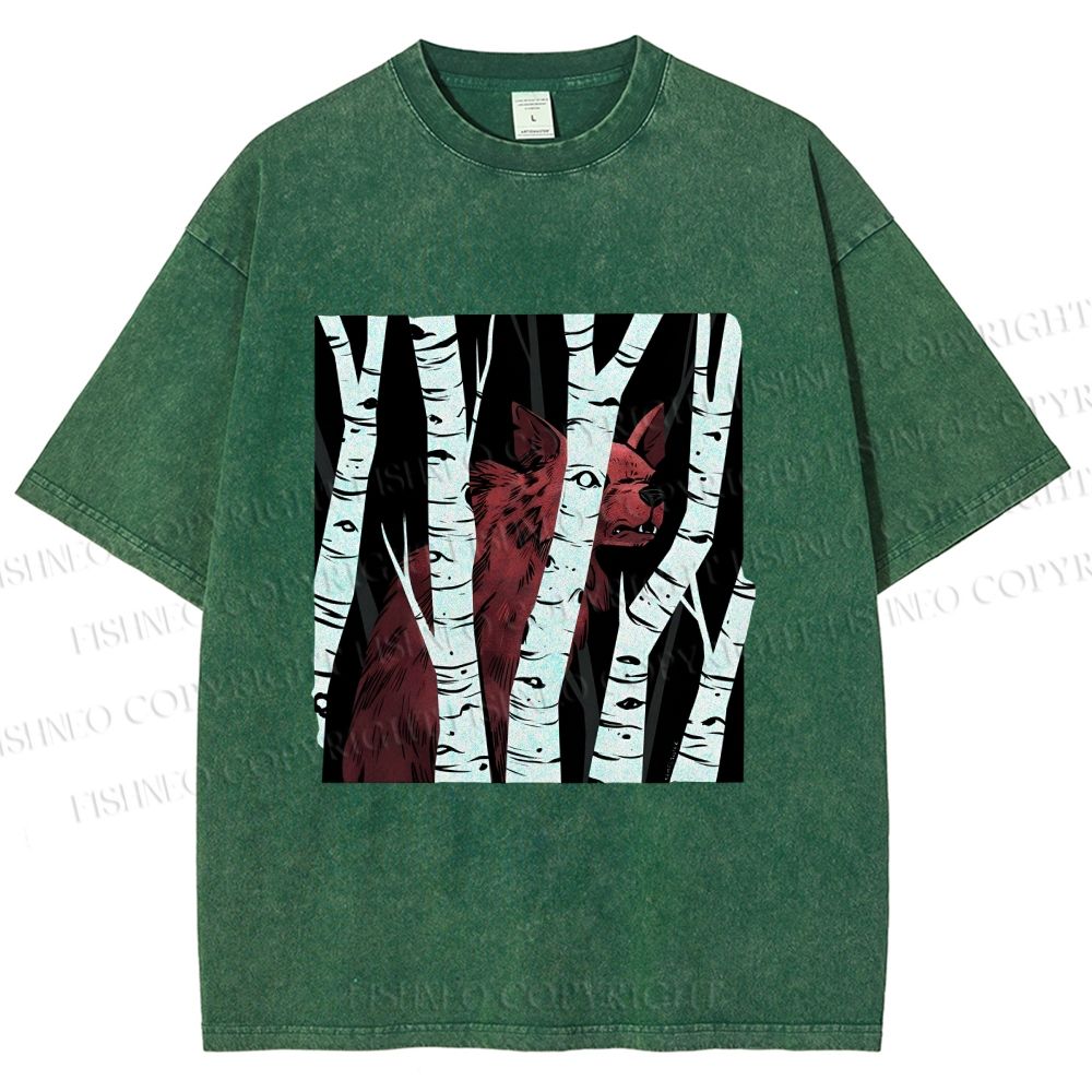 Unisex Red Wolf Hiding in Wood Printed Washed Tee