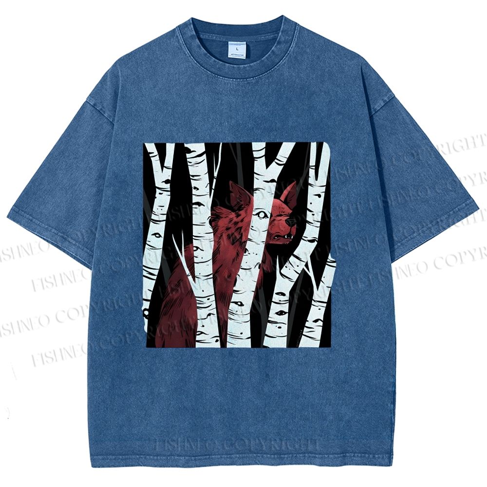Unisex Red Wolf Hiding in Wood Printed Washed Tee