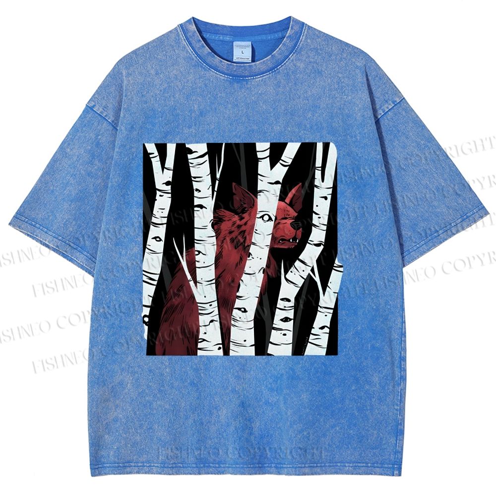Unisex Red Wolf Hiding in Wood Printed Washed Tee