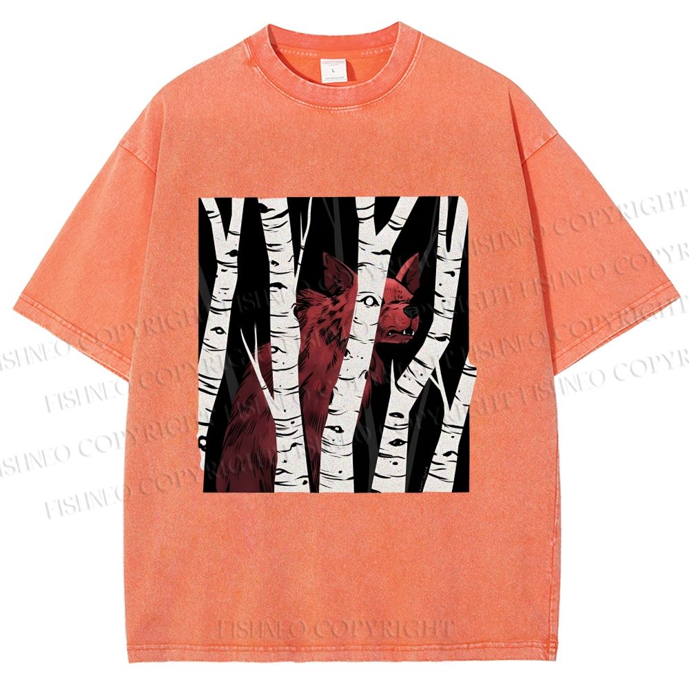 Unisex Red Wolf Hiding in Wood Printed Washed Tee