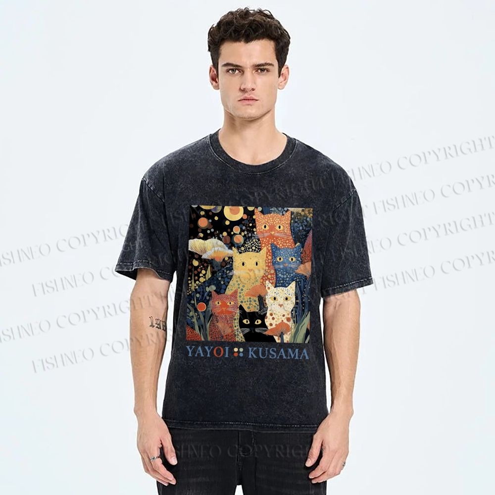 Unisex Yayoi Kusama Cats Printed Washed Tee