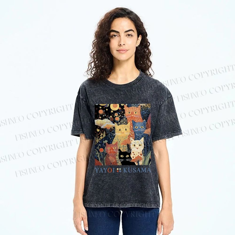 Unisex Yayoi Kusama Cats Printed Washed Tee