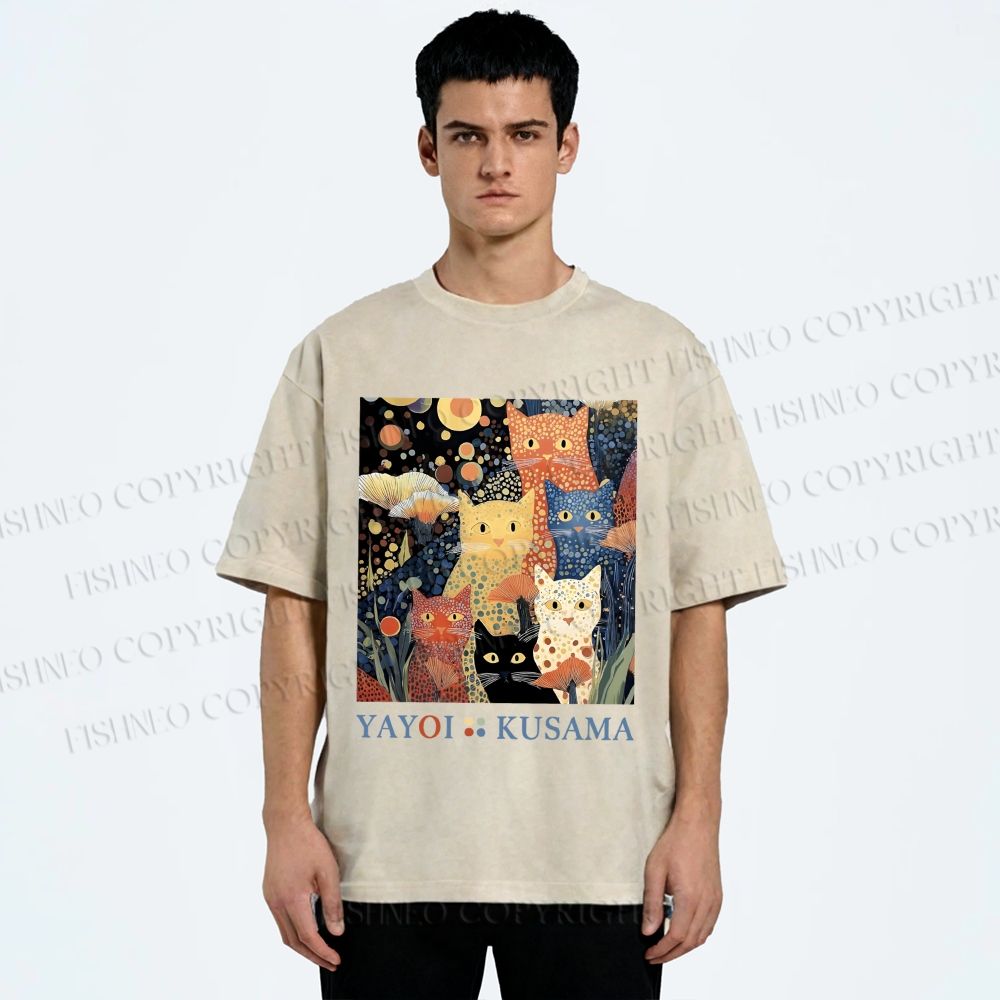 Unisex Yayoi Kusama Cats Printed Washed Tee