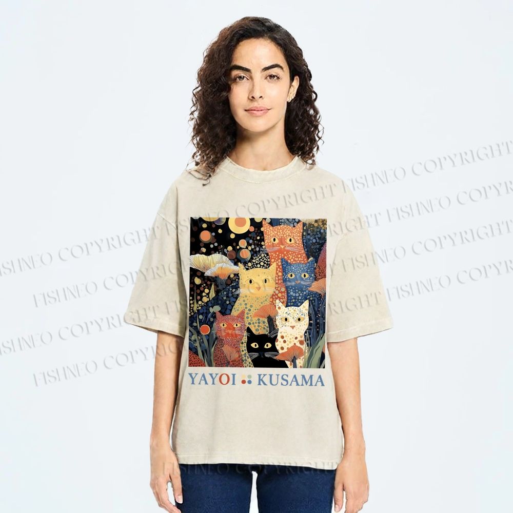 Unisex Yayoi Kusama Cats Printed Washed Tee